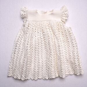 Handmade Vintage Baby Dress Ivory Crochet Knit Ruffle Sleeve Infant Girl Dress‎